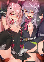 Rule 34 | 2boys, 2girls, :p, absurdres, ahegao, arms up, belt, black dress, black footwear, black jacket, black legwear, black panties, boots, bow, bowtie, breasts, censored, choker, clothing aside, covered navel, criss-cross halter, cum, cum on body, cum on breasts, cum on clothes, cum on hair, cum on upper body, detached sleeves, dress, facial, fangs, gloves, hair between eyes, halterneck, hetero, highres, hiiragi shinoa, jacket, krul tepes, leg lift, long hair, microdress, military, military uniform, mosaic censoring, multiple boys, multiple girls, nipples, no pants, open mouth, owari no seraph, panties, panties aside, penis, pink hair, pointy ears, puffy nipples, purple bow, purple hair, pussy, red bow, red eyes, rolling eyes, sex, small breasts, smile, standing, standing sex, sweat, thigh boots, thighhighs, tongue, tongue out, toranpo rintarou, two side up, underwear, uniform, vaginal, vampire, very long hair, white belt, white choker, white gloves