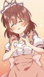 Rule 34 | 1girl, ^ ^, antenna hair, apron, back bow, blush, bow, breasts, brown hair, center frills, clannad, closed eyes, commentary, cowboy shot, emu shido, facing viewer, frills, furukawa nagisa, hair between eyes, hands up, heart, heart hands, highres, light particles, maid apron, maid headdress, medium breasts, medium hair, official alternate costume, open mouth, orange background, pink apron, pink bow, puffy short sleeves, puffy sleeves, shirt, short sleeves, shy, simple background, smile, solo, waitress, white shirt