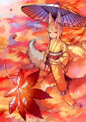 Rule 34 | 10s, 1girl, 2015, animal ears, artist name, autumn leaves, blonde hair, dated, eyebrows, fox ears, fox tail, haruko (halife), holding, holding umbrella, japanese clothes, kimono, leaf, maple leaf, multiple tails, obi, oil-paper umbrella, original, red eyes, reflection, ripples, sash, smile, solo, standing, tail, thick eyebrows, umbrella