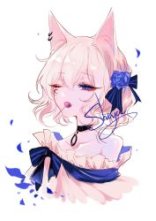Rule 34 | 1girl, absurdres, animal ears, bare shoulders, black choker, blue eyes, blue flower, blue ribbon, blue rose, candy, cat ears, choker, earrings, eyelashes, flower, food, food in mouth, hair flower, hair ornament, hair ribbon, highres, jewelry, lollipop, looking at viewer, mouth hold, off shoulder, one eye closed, original, petals, ribbon, rose, rose petals, sheya, short hair, silver hair, simple background, solo, upper body, white background