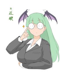 Rule 34 | 1girl, adjusting eyewear, bakkanki, bespectacled, breasts, business suit, closed mouth, coke-bottle glasses, collared shirt, formal, glasses, green hair, head wings, long hair, looking at viewer, morrigan aensland, office lady, shirt, simple background, solo, suit, upper body, vampire (game), wings