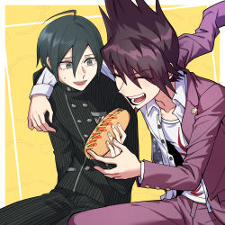 Rule 34 | 2boys, ahoge, alternate hair color, black hair, black jacket, black pants, border, breast pocket, buttons, closed eyes, collarbone, commentary request, danganronpa (series), danganronpa v3: killing harmony, double-breasted, facial hair, food, goatee, hair between eyes, haji (hajimaji), highres, holding, holding food, hot dog, jacket, long sleeves, looking at another, male focus, medium hair, momota kaito, multiple boys, open clothes, open jacket, open mouth, open shirt, pants, pink jacket, pink pants, pocket, print shirt, saihara shuichi, shirt, short hair, sitting, smile, space print, starry sky print, striped clothes, striped jacket, striped pants, white border, white shirt, yellow background