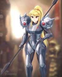 Rule 34 | 1girl, absurdres, arm blade, bad end, blonde hair, blurry, blurry background, canadiananiguy, hand on own hip, highres, looking at viewer, metroid, metroid dread, mole, mole under mouth, nintendo, polearm, ponytail, power suit, red eyes, samus aran, shoulder spikes, solo, spear, spikes, standing, weapon
