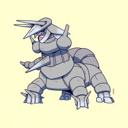 Rule 34 | aggron, alternate form, creatures (company), expressionless, full body, game freak, gen 3 pokemon, highres, horns, meme, meme attire, nintendo, no humans, open mouth, original form pokemon (meme), parody, pedro larez, pokemon, pokemon (creature), sharp teeth, simple background, solo, standing, tail, teeth, what