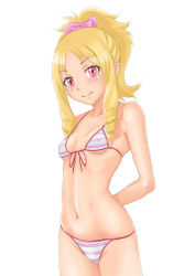Rule 34 | 10s, 1girl, arms behind back, bikini, blonde hair, bow, breasts, drill hair, eromanga sensei, hair bow, long hair, looking at viewer, muffin (sirumeria), navel, pointy ears, ponytail, red eyes, simple background, small breasts, smile, solo, standing, striped bikini, striped clothes, swimsuit, twin drills, yamada elf
