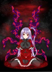 Rule 34 | 1girl, black pantyhose, blood, bloody tears, breasts, capelet, dress, female focus, gmot, hair bobbles, hair ornament, highres, large breasts, long hair, magic circle, mystic square, pantyhose, red eyes, shinki (touhou), side ponytail, silver hair, sitting, smile, solo, tears, touhou, touhou (pc-98), wariza, wings