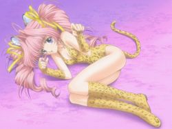 Rule 34 | 1girl, ahoge, animal ears, animal print, blue eyes, boots, bow, cat ears, cat girl, character request, female focus, fingerless gloves, gloves, hair intakes, knee boots, leopard ears, leopard print, leopard tail, leotard, looking at viewer, lying, paw pose, pink hair, solo, source request, tail, twintails