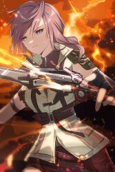 1girl belt belt_buckle black_gloves buckle closed_mouth commentary final_fantasy final_fantasy_xiii fingerless_gloves gloves gunblade highres holding holding_sword holding_weapon lightning_farron long_hair purple_eyes serious sleeveless solo swept_bangs sword turtleneck weapon zer00han