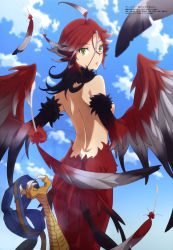Rule 34 | 1girl, absurdres, ahoge, ass, back, bird legs, black feathers, black hair, blue sky, breasts, claws, cloud, completely nude, day, feather trim, feathered wings, feathers, green eyes, grey feathers, grey hair, hair between eyes, harpy, highres, illy (monster musume no oisha-san), katou hiromi, looking at viewer, looking back, monster girl, monster musume no oisha-san, multicolored hair, multicolored wings, nude, official art, parted lips, red feathers, red hair, scan, shorts, unworn shorts, sky, solo, talons, winged arms, wings