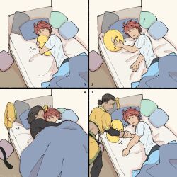 Rule 34 | 2boys, abdonis, bed, black shirt, blue eyes, commentary request, dark-skinned male, dark skin, male focus, multiple boys, muscular, muscular male, red hair, ring fit adventure, ring fit trainee, ring fit trainee (male), shirt, sleeping, white shirt, yaoi, yellow shirt