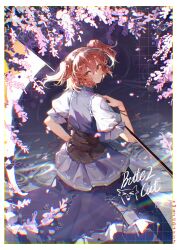 Rule 34 | 1girl, absurdres, blue dress, cherry blossoms, closed mouth, dress, highres, holding, holding scythe, huangyou, looking back, onozuka komachi, outdoors, red eyes, red hair, scythe, short hair, short sleeves, signature, smile, solo, touhou, two side up