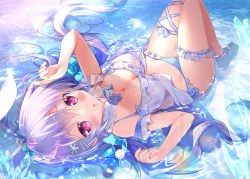 Rule 34 | 1girl, animal ears, arm up, barefoot, bikini, blue bikini, blush, breasts, cleavage, commentary request, frilled bikini, frills, grey hair, hair between eyes, knees up, long hair, looking at viewer, lying, medium breasts, mikeou, on back, original, parted lips, purple eyes, rabbit ears, shallow water, solo, swimsuit, very long hair, water