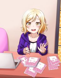 Rule 34 | 1girl, absurdres, alternate hairstyle, artist name, artist request, blonde hair, blush, breasts, brown eyes, collarbone, commentary, computer, drawing, english text, female focus, hair between eyes, hair down, hand wave, high ponytail, highres, indoors, jacket, jan azure, laptop, long hair, looking at viewer, love live!, love live! nijigasaki high school idol club, love live! school idol festival, love live! school idol festival all stars, marker, miyashita ai, nail, nail polish, orange eyes, parted lips, pink nails, purple jacket, shirt, short hair, sketchbook, small breasts, smile, solo, table, upper body, white shirt, yellow eyes