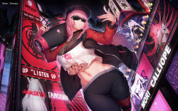 Rule 34 | 1girl, absurdres, artist name, black pants, boombox, breasts, building, from below, highres, hololive, hololive english, jacket, jewelry, large breasts, long hair, midriff, mori calliope, mori calliope (streetwear), nail polish, navel, necklace, night, pants, pink hair, skull and crossbones, skyscraper, solo, sunglasses, tama yu, thigh gap, tinted eyewear, virtual youtuber