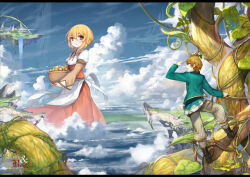 Rule 34 | 1boy, 1girl, akizone, apron, basket, blonde hair, blue eyes, bodice, brown hair, climbing, cloud, commentary, dirndl, dress, egg, floating island, food, german clothes, giant, giantess, golden egg, holding, holding basket, jack and the beanstalk, landscape, long sleeves, original, red eyes, short hair, size difference, waist apron, water, waterfall