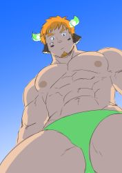 Rule 34 | 1boy, abs, animal ears, bara, bare pectorals, brown eyes, brown hair, bulge, cow boy, cow ears, cow horns, facial hair, fiery horns, forked eyebrows, from below, goatee, green male swimwear, green shirt, horns, katoributa a, large pectorals, looking at viewer, lowres, male focus, male swimwear, mature male, muscular, muscular male, navel, nipples, pectorals, shirt, short hair, sky, solo, spiked hair, stomach, swim briefs, thick eyebrows, thick thighs, thighs, tokyo houkago summoners, wakan tanka