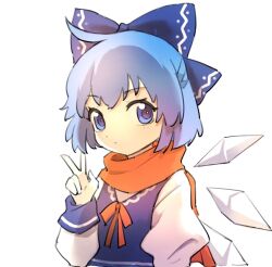 Rule 34 | 1girl, blue eyes, blue hair, blue ribbon, blue vest, cirno, closed mouth, commentary, hair ribbon, hand up, ice, ice wings, kurukubouru, long sleeves, red ribbon, ribbon, shirt, short hair, simple background, solo, touhou, upper body, v, vest, white background, white shirt, wings