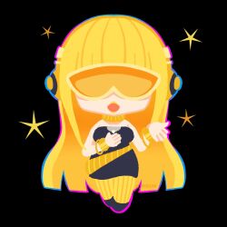 Rule 34 | 1girl, black background, black dress, black footwear, blonde hair, blue outline, blunt bangs, bracelet, breasts, chibi, commentary, cyber diva, dress, flat color, gradient outline, hand on own chest, hand up, headphones, highres, jewelry, large breasts, long hair, misoni (mi-soni), music, necklace, outline, pink outline, sidelocks, simple background, singing, solo, star (symbol), striped clothes, striped thighhighs, sunglasses, symbol-only commentary, thighhighs, vocaloid, yellow lips, yellow thighhighs