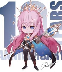 Rule 34 | 1girl, anniversary, blue eyes, boots, cape, chibi, closed mouth, crown, epaulettes, eyelashes, full body, holding, long hair, megurine luka, pink hair, rahwia, scepter, signature, simple background, solo, vocaloid, white background