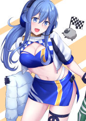 Rule 34 | 1girl, akahi242, bandeau, black gloves, blue bandeau, blue eyes, blue hair, blue skirt, checkered flag, chibi, commentary request, contrapposto, cowboy shot, cropped jacket, flag, gloves, gotland (kancolle), headphones, headset, highres, jacket, unworn jacket, kantai collection, long hair, midriff, miniskirt, mole, mole under eye, navel, race queen, sheep, skirt, standing, striped, striped background, white jacket