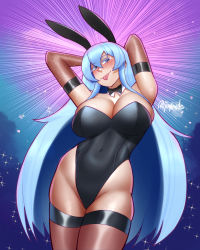 Rule 34 | 1girl, akame ga kill!, animal ears, arms behind back, arms up, blue eyes, blue hair, blush, breasts, cleavage, elbow gloves, esdeath, fake animal ears, female focus, gloves, hat, highres, joylewds, large breasts, leotard, long hair, looking at viewer, playboy bunny, rabbit ears, smile, solo, thighhighs, tongue, tongue out