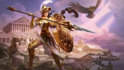 Rule 34 | 1girl, absurdres, architecture, armor, athena (smite), bird, blue eyes, boat, brown hair, building, day, gaston aguilera, gold armor, greco-roman architecture, helmet, highres, holding, holding polearm, holding shield, holding weapon, long hair, outdoors, owl, polearm, shield, smite, solo, spear, watercraft, weapon