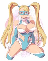 Rule 34 | 1girl, bare shoulders, blonde hair, blue eyes, breasts, cleavage, flower, large breasts, long hair, looking at viewer, mask, osanpogakari, rainbow mika, street fighter, twintails, very long hair, wrestling outfit