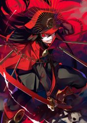 Rule 34 | 1girl, absurdres, black hair, cape, chain, crest, family crest, fate/grand order, fate/type redline, fate (series), from above, gloves, hat, highres, holding, holding sword, holding weapon, kansya, katana, koha-ace, long hair, long sleeves, looking at viewer, military hat, oda nobunaga (fate), oda nobunaga (koha-ace), oda uri, one eye covered, peaked cap, red cape, red eyes, smile, smirk, solo, sword, type-moon, very long hair, weapon, white gloves