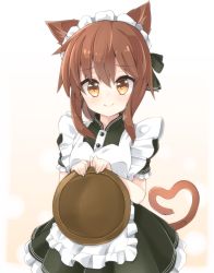 Rule 34 | 10s, 1girl, animal ears, apron, brown eyes, brown hair, folded ponytail, heart, heart-shaped pupils, heart tail, highres, inazuma (kancolle), kantai collection, kemonomimi mode, long hair, maid, maid apron, maid headdress, rateratte, smile, solo, symbol-shaped pupils, tail, tray