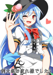 Rule 34 | 1girl, ;d, blue hair, blush, bow, dress, e.o., food, food on head, fruit, fruit on head, happy, hat, heart, highres, hinanawi tenshi, layered dress, long hair, looking at viewer, object on head, one eye closed, open mouth, peach, red eyes, sketch, smile, solo, touhou, translation request, very long hair, waving