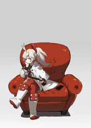 Rule 34 | 1girl, boots, cellphone, couch, grey background, grey hair, highres, jacket, lamian (pixiv415608), crossed legs, looking at viewer, nintendo switch, original, phone, ponytail, red legwear, simple background, smartphone, solo