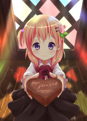 Rule 34 | 1girl, bad id, bad pixiv id, black skirt, blush, bow, bowtie, candy, chocolate, chocolate heart, closed mouth, collared shirt, commentary, english text, food, foreshortening, gochuumon wa usagi desu ka?, hair bobbles, hair ornament, hairclip, heart, highres, holding, holding food, hoto cocoa, incoming gift, indoors, long hair, long sleeves, looking at viewer, one side up, orange hair, pink vest, purple eyes, rabbit house uniform, red bow, red bowtie, shirt, skirt, smile, solo, standing, valentine, vest, white shirt, wing collar, wooden floor, youthpaint