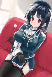 Rule 34 | 1girl, ascot, beret, black gloves, black hair, black thighhighs, blue hat, blush, breasts, cotton swab, couch, curtains, day, garter straps, gloves, hat, indoors, kantai collection, kitagawa mikio, lap pillow invitation, large breasts, long hair, looking at viewer, military, military uniform, mimikaki, on couch, red eyes, short hair, sitting, skirt, smile, solo, takao (kancolle), thighhighs, uniform, window