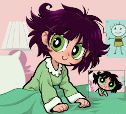 Rule 34 | 1girl, blanket, buttercup (ppg), buttercup redraw challenge (meme), c:, centinel303, closed mouth, comparison, derivative work, drawing, green eyes, green pajamas, long sleeves, looking at viewer, meme, messy hair, on bed, pajamas, pillow, powerpuff girls, reference inset, screenshot inset, screenshot redraw, smile