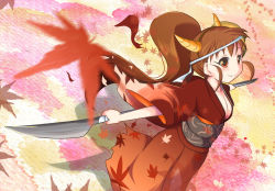 Rule 34 | 1girl, blush, breasts, brown hair, cleavage, horns, leaf, long hair, red eyes, sch, smile, solo, taneshima popura, weapon, working!!