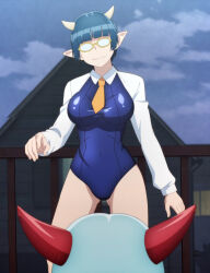 Rule 34 | 2girls, absurdres, anime screenshot, blue hair, breasts, demon girl, demon horns, glasses, height difference, highres, horns, large breasts, legs, lv1 maou to one room yuusha, maou (lv1 maou to one room yuusha), multiple girls, one-piece swimsuit, pointy ears, screencap, short hair, smile, stitched, swimsuit, thighs, third-party edit, zenia (lv1 maou to one room yuusha)