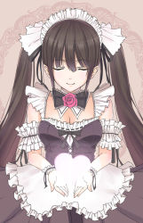 Rule 34 | 1girl, breasts, brown hair, closed eyes, frills, heart, kagerou (shadowmage), long hair, smile, solo, twintails