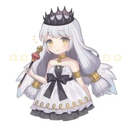 Rule 34 | 1girl, armlet, black bow, bow, choker, closed mouth, cross, crown, dress, eyelashes, gold choker, grey background, holding, holding scepter, long hair, lunaticmed, mini wings, off-shoulder dress, off shoulder, original, scepter, simple background, smile, solo, star (symbol), white dress, wings, yellow eyes