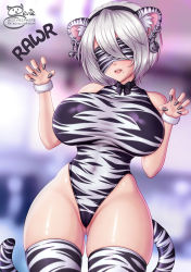 Rule 34 | 1girl, alternate costume, animal ears, blindfold, breasts, breasts apart, cowboy shot, ear piercing, fang, gao, gluteal fold, highres, large breasts, mole, mole under mouth, nier:automata, nier (series), open mouth, patreon username, paw pose, piercing, print blindfold, print leotard, print thighhighs, sevie, signature, solo, tail, thighhighs, tiger ears, tiger tail, white tiger print, 2b (nier:automata)