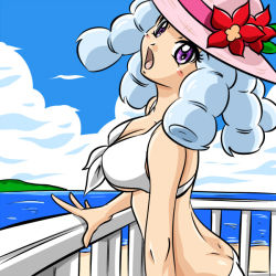 Rule 34 | 10s, 1girl, bikini, blue hair, blush, cloud, day, drill hair, eyelashes, happinesscharge precure!, hat, hosshiwa, kogane (staygold), long hair, looking at viewer, open mouth, pink hat, precure, purple eyes, sketch, sky, solo, standing, straw hat, swimsuit, white bikini
