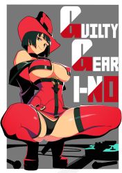 Rule 34 | 1girl, absurdres, ass, bare shoulders, black hair, black panties, bob cut, boots, border, breasts, breasts apart, character name, closed mouth, copyright name, detached sleeves, electric guitar, gluteal fold, green eyes, grey background, guilty gear, guitar, hat, high heels, highres, i-no, instrument, kazuma (leldiq), large breasts, looking at viewer, microphone, mole, mole above mouth, mole under eye, o-ring, o-ring top, panties, red hat, red thighhighs, shiny skin, short hair, sideboob, simple background, smile, solo, spread legs, squatting, thigh boots, thighhighs, tiptoes, underboob, underwear, white border, witch hat