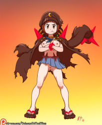 Rule 34 | 10s, 1girl, breasts, brown eyes, brown hair, cleft of venus, crossed arms, female focus, geta, hat, kill la kill, looking at viewer, mankanshoku mako, nipples, noise tanker, pussy, sandals, solo, toothpick, torn clothes, uncensored
