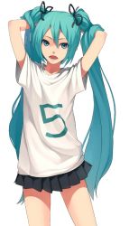 Rule 34 | 1girl, aqua eyes, aqua hair, arms up, blue eyes, fkey, hatsune miku, long hair, looking at viewer, open mouth, shirt, simple background, skirt, solo, t-shirt, teeth, twintails, very long hair, vocaloid, white background