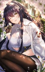 Rule 34 | 1girl, absurdres, azuma (azur lane), azur lane, black gloves, black hair, black pantyhose, blush, breasts, day, dress, flower, forest, gloves, hair between eyes, hair flower, hair ornament, hairclip, half gloves, highres, holding, holding flower, jacket, jacket on shoulders, large breasts, long hair, looking at viewer, minestrone takizawa, nature, one eye closed, open mouth, outdoors, pantyhose, shirt, smile, solo, very long hair, white flower, white jacket, white shirt, yellow eyes