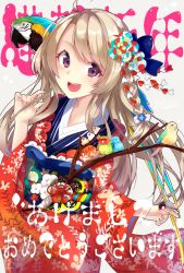 Rule 34 | :d, ahoge, animal, animal on shoulder, bird, bird on hand, bird on shoulder, blush, braid, branch, chinese zodiac, dated, floral print, grey background, hand up, highres, japanese clothes, kimono, light brown hair, long hair, looking at viewer, nengajou, new year, open mouth, original, parakeet, parrot, purple eyes, red kimono, sidelocks, signature, simple background, smile, solanikieru, standing, wide sleeves, year of the rooster