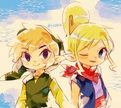 Rule 34 | 1boy, 1girl, closed mouth, commentary, green tunic, hat, highres, link, looking at viewer, nintendo, one eye closed, open mouth, pointy ears, red scarf, scarf, shirt, short hair, smile, tetra, the legend of zelda, the legend of zelda: the wind waker, tokuura, toon link