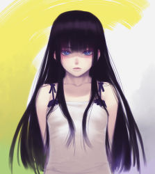 Rule 34 | 1girl, arms behind back, bare shoulders, black hair, blue eyes, blunt bangs, character request, copyright request, lips, long hair, sakamoto mineji, shirt, sleeveless, sleeveless shirt, solo, white shirt