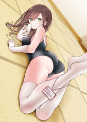 Rule 34 | 1girl, @ @, ass, bare shoulders, blush, breasts, brown hair, cellphone, elbow gloves, feet up, gloves, green eyes, highres, holding, holding phone, indoors, long hair, lying, medium breasts, on floor, on stomach, oouso, original, parted lips, phone, selfie, smartphone, solo, tatami, the pose, translation request, trefoil, white gloves