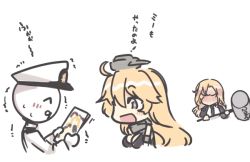 Rule 34 | 2girls, admiral (kancolle), blonde hair, blush, chibi, commentary request, gloves, hammer, hat, headgear, holding, holding hammer, hornet (kancolle), iowa (kancolle), kantai collection, long hair, multiple girls, nakadori (movgnsk), open mouth, peaked cap, simple background, star-shaped pupils, star (symbol), symbol-shaped pupils, translation request, white background