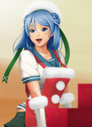 Rule 34 | 1girl, blue eyes, blue hair, breasts, christmas, cleavage, commentary request, double bun, gloves, hair bun, hat, highres, kantai collection, kuroi ani, long hair, looking at viewer, medium breasts, open mouth, pleated skirt, school uniform, serafuku, simple background, skirt, smile, solo, urakaze (kancolle), white gloves
